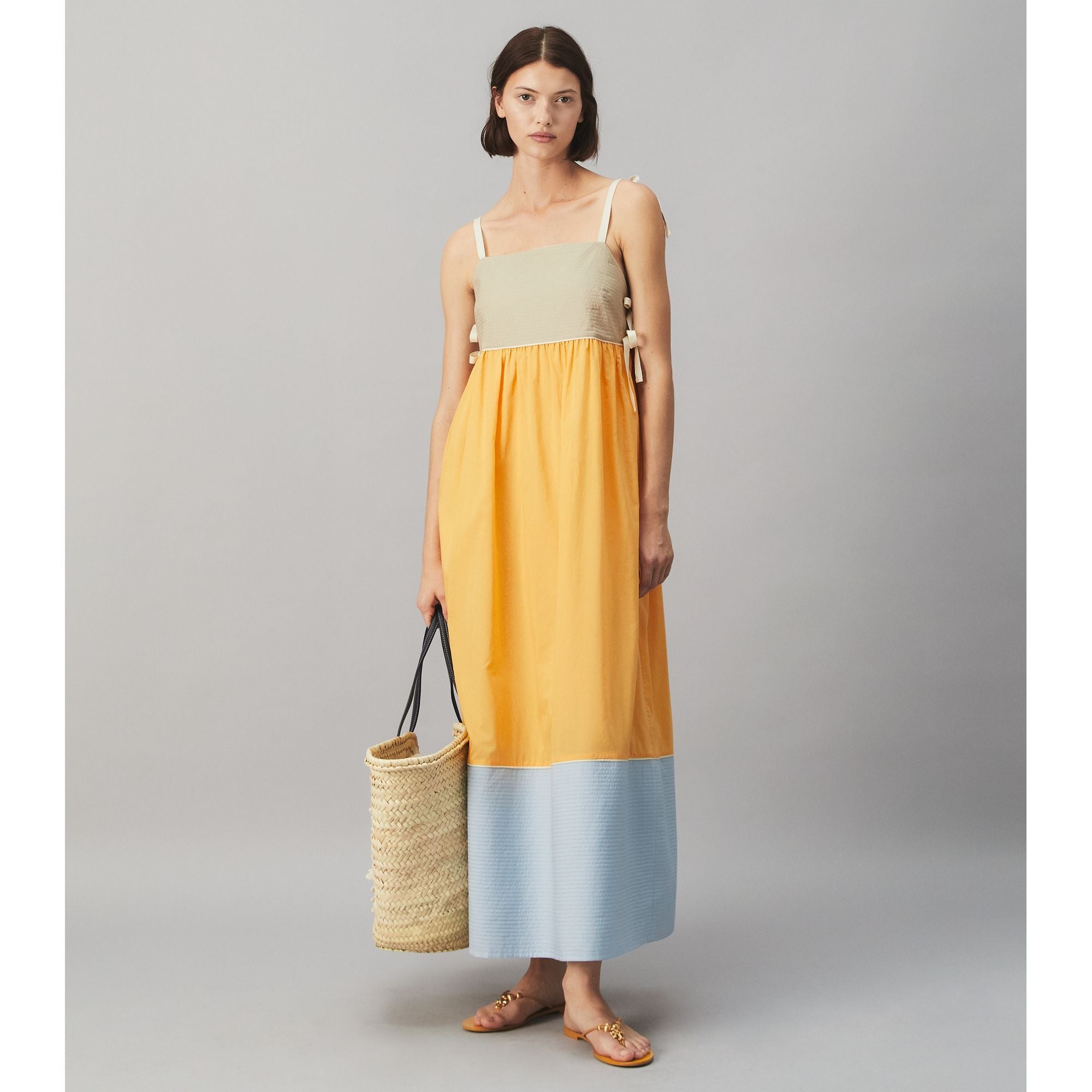 Women Color Blocked Dress - Jackfruit / Natural Khaki / Blue Mist