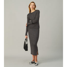 Women Lurex Stripe Crewneck - Black