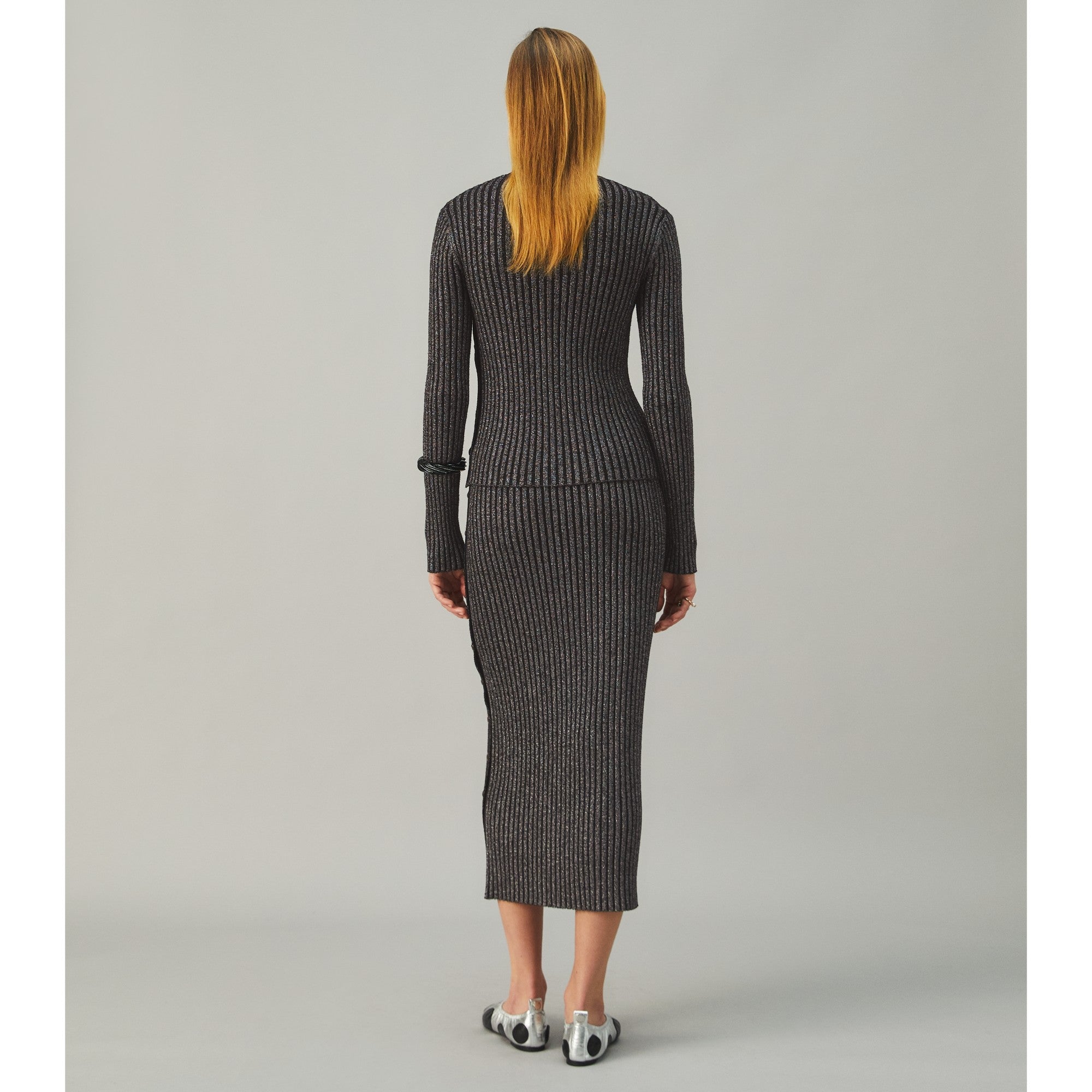 Women Lurex Stripe Crewneck - Black