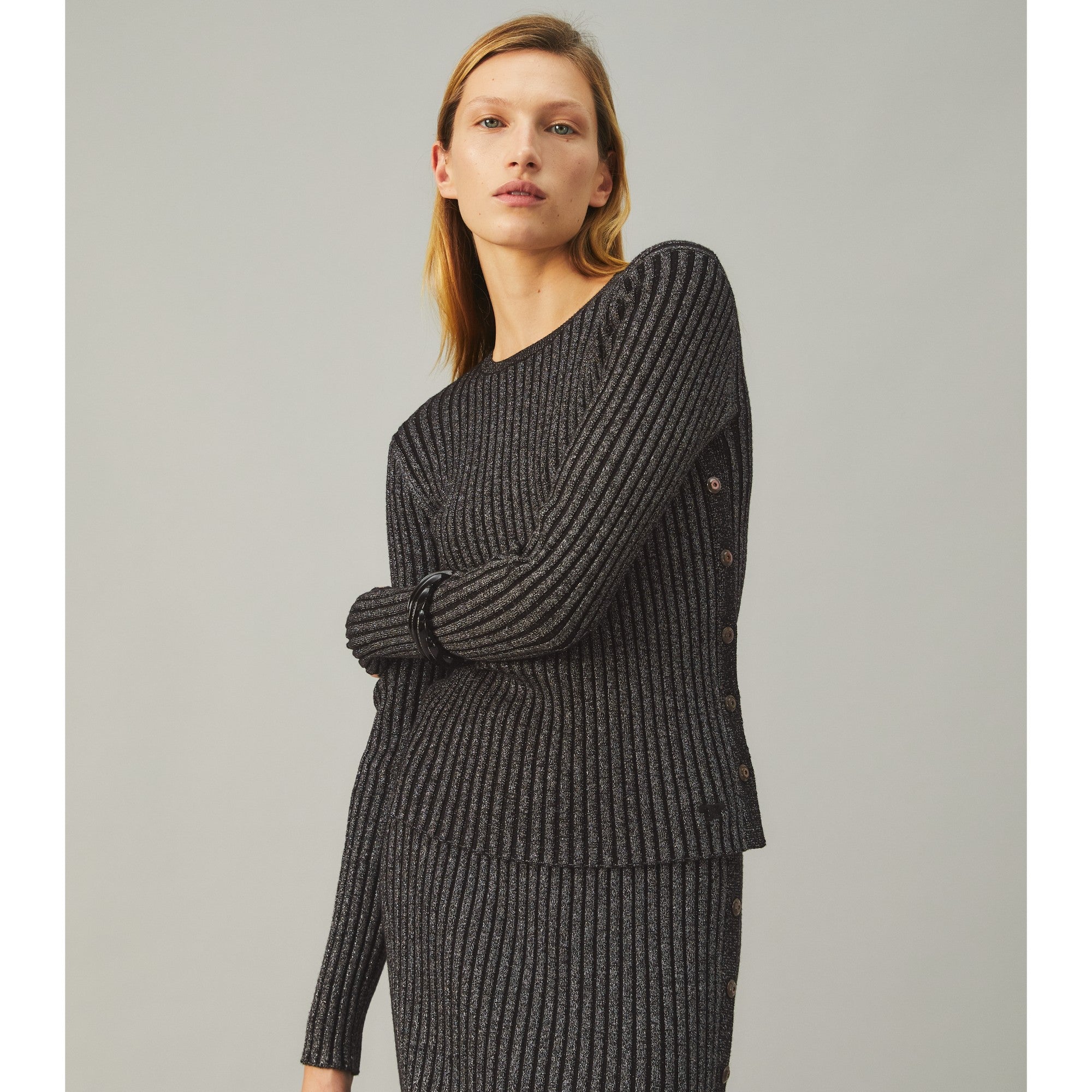 Women Lurex Stripe Crewneck - Black