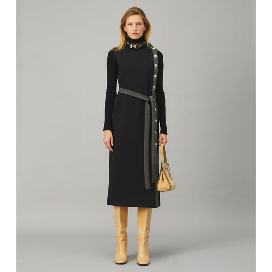 Women Knit Button Dress - Black