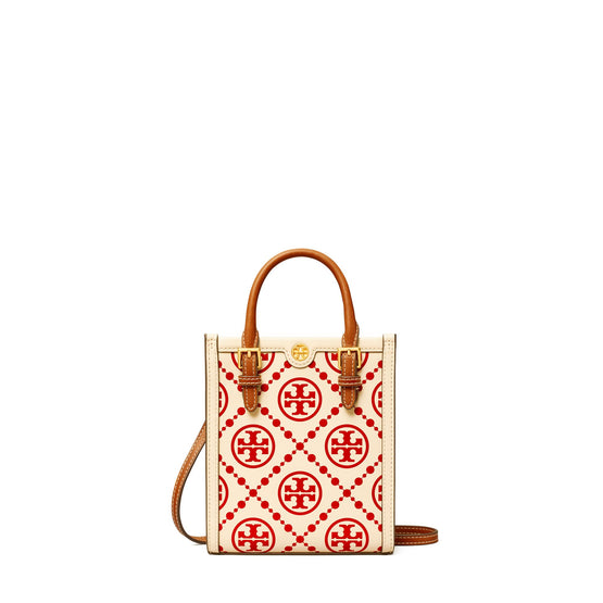 Women T Monogram Contrast Embossed Mini N/S Tote - New Cream / Tory Red