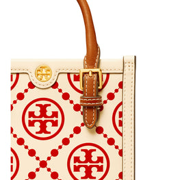 Women T Monogram Contrast Embossed Mini N/S Tote - New Cream / Tory Red