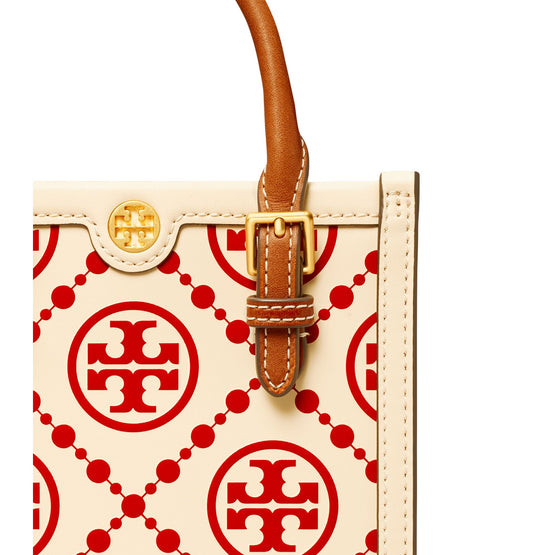 Women T Monogram Contrast Embossed Mini N/S Tote - New Cream / Tory Red