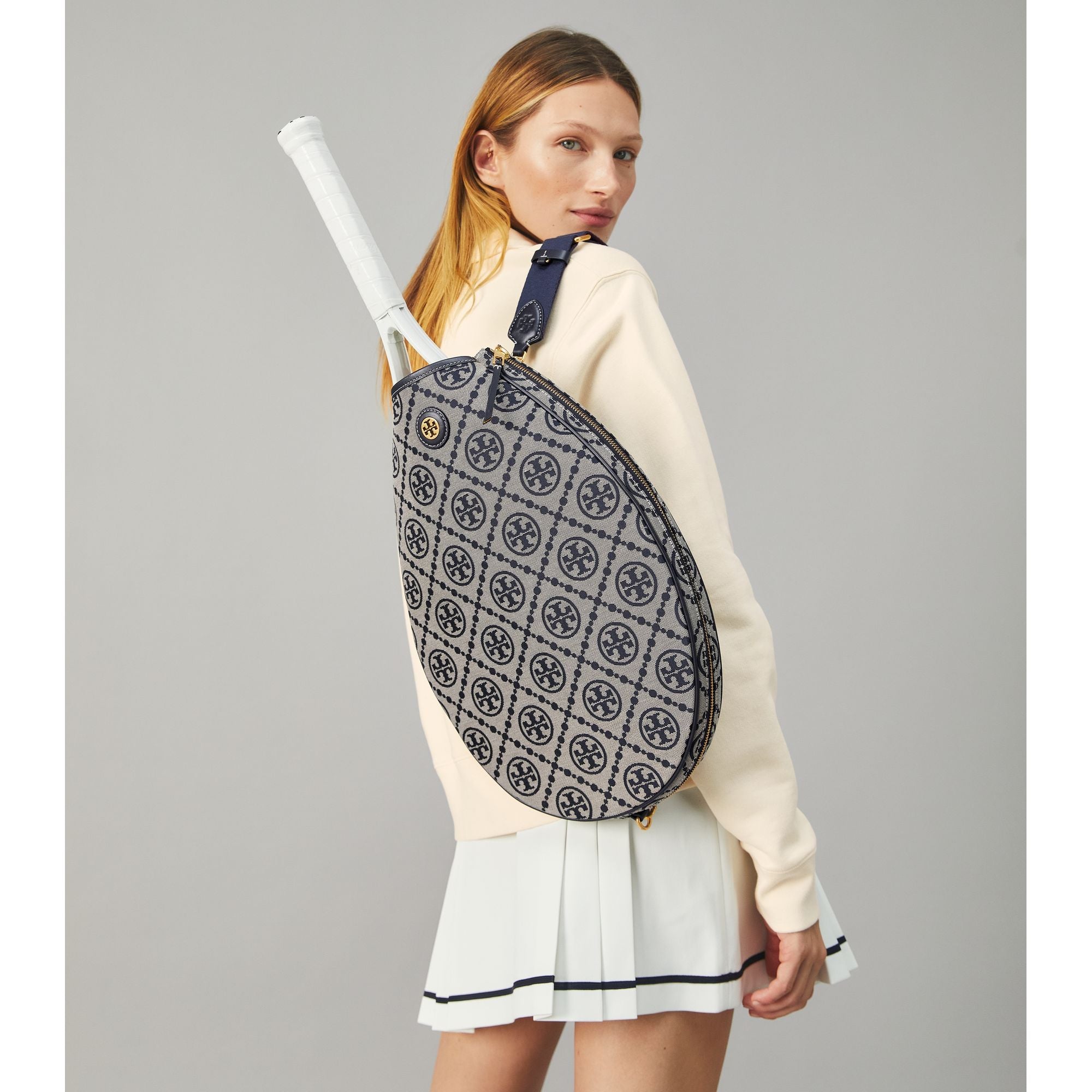 Women T Monogram Jacquard Tennis Bag - Tory Navy