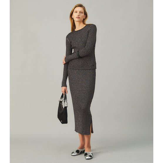 Women Lurex Stripe Knit Skirt - Black