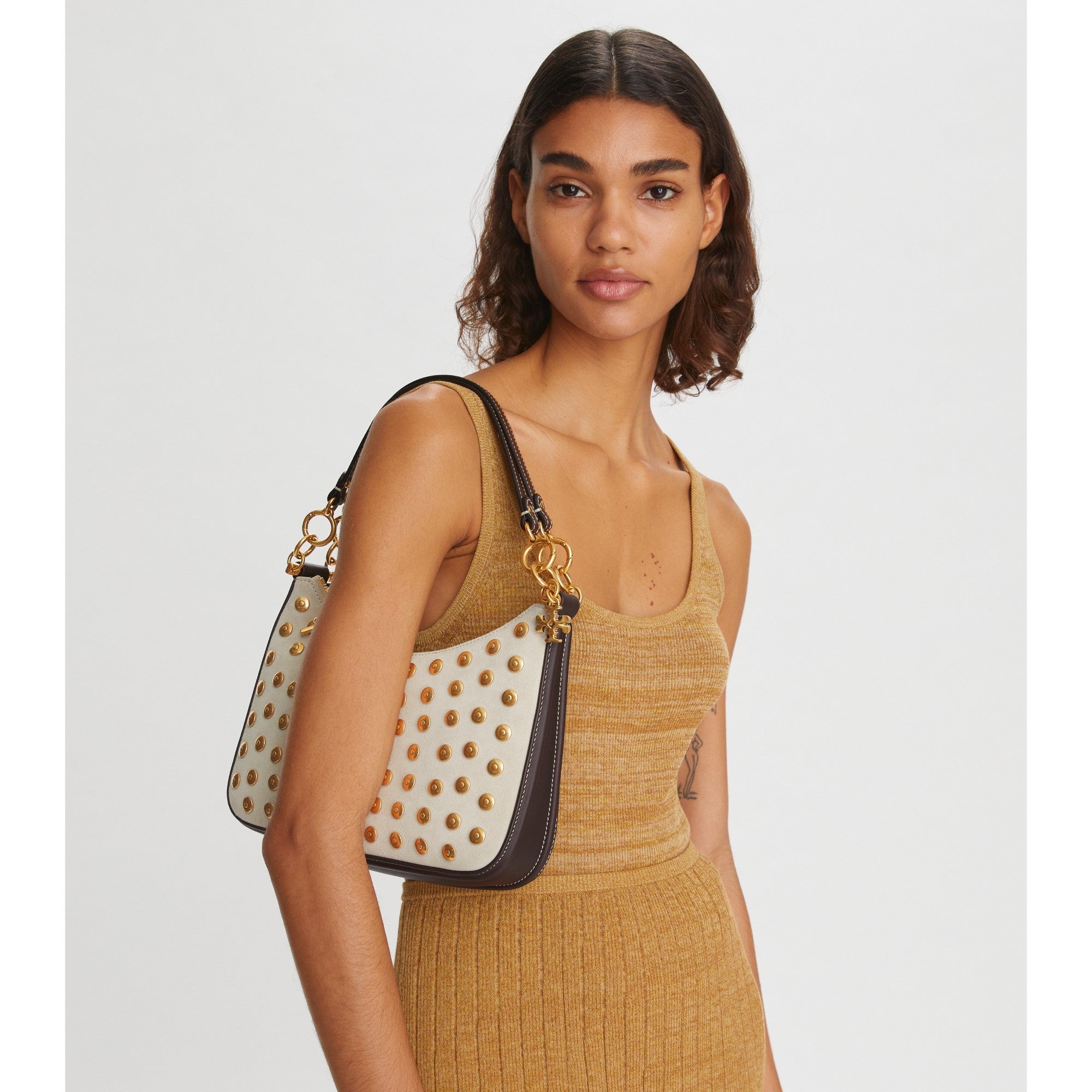 Women 151 Mercer Studded Suede Crescent Bag - French Khaki / Coconut