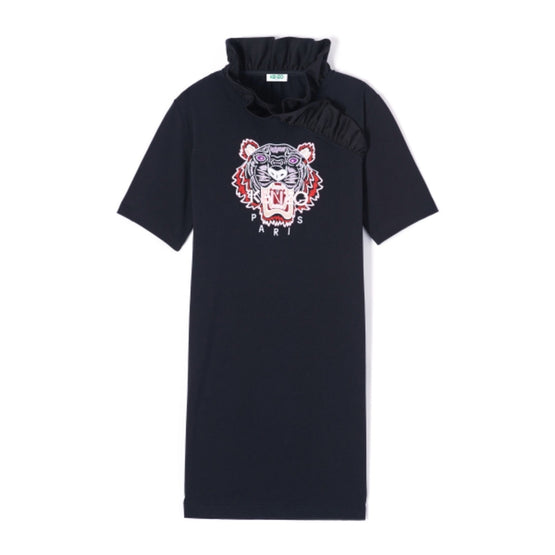 Women Tiger Ruffle Tee-Shirt Dress - Black