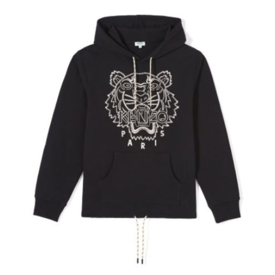 Men Blanket Stitch Tiger Hoodie - Black