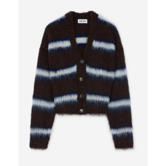 Women Striped Buttoned Cardigan - Dark Brown