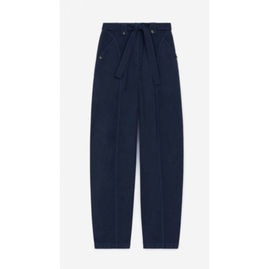 Women Tapered Belted Pant - Blue Black