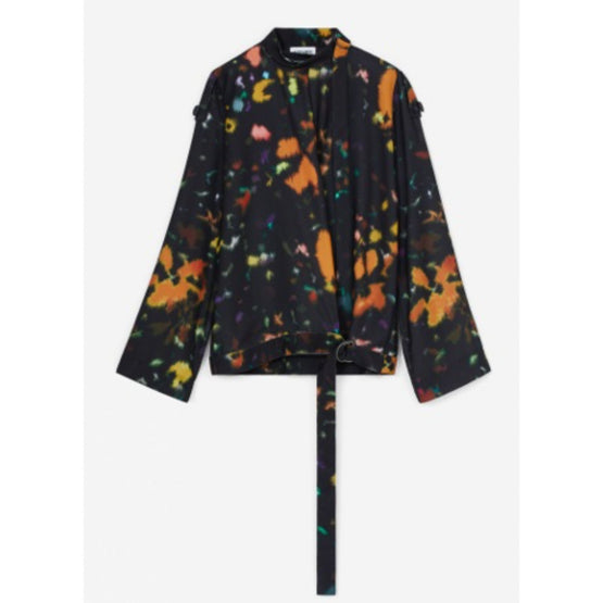 Women Printed Blouse Tie Bow - Black