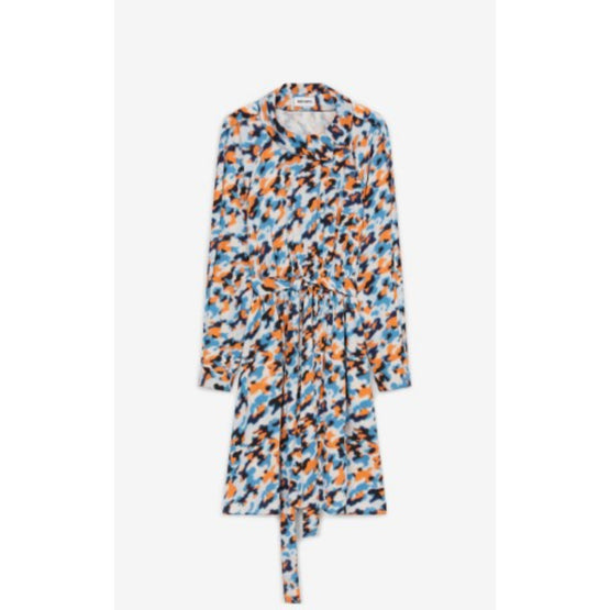 Women Printed Waisted Dress Ls - Royal Blue